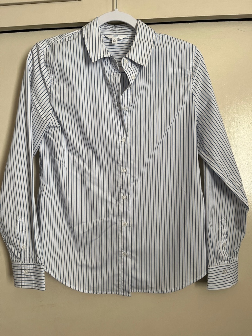 Time and Tru White Button-Up Shirt with Navy Pinstripes